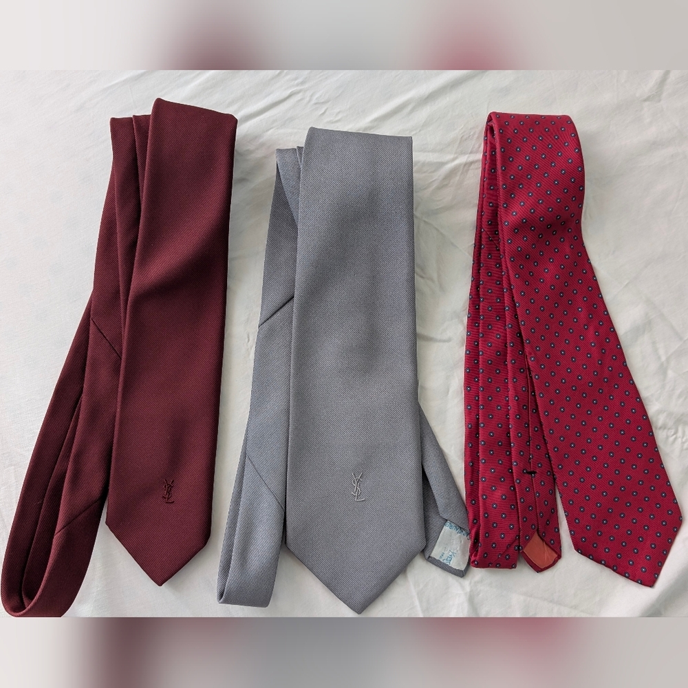 3x Vintage Yves Saint Laurent YSL Men's Necktie Tie, Silk Embroidered Gray Red